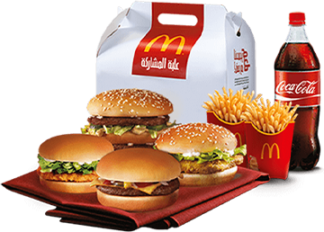 MACDONALS 4 BURGERS + 2FRIES +1LTR SOFT DRINK (SHERE BOX)